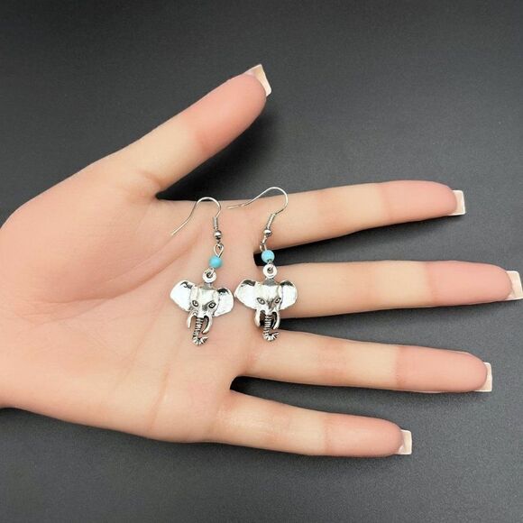 Silver Lucky Elephant and Blue Turquoise Beaded Boho Dangling Drop Hook Earrings - Picture 8 of 8